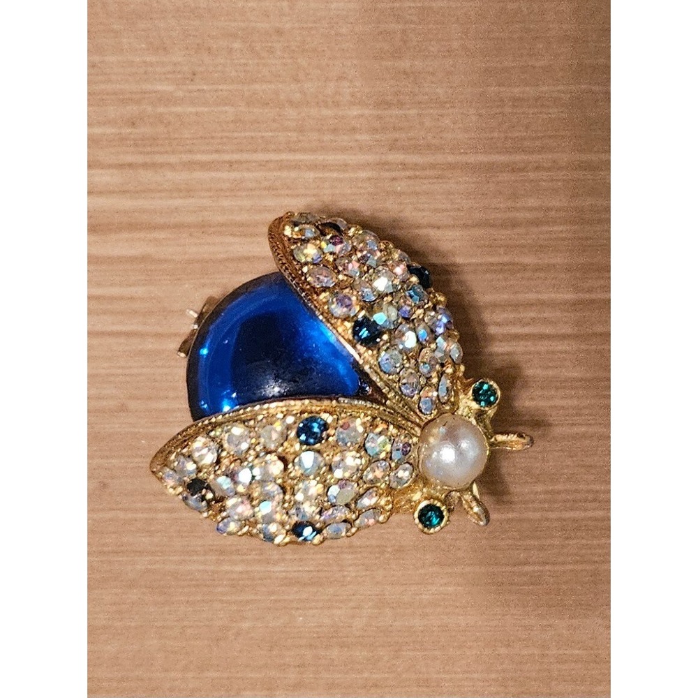 Sparkling Ladybug Brooch Pin Rhinestone Pearl Blue Gemstone Gold Tone - Picture 9 of 16